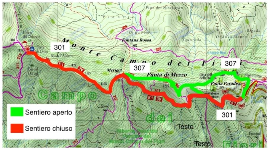 Chiusura sentiero per Forte d'Orino